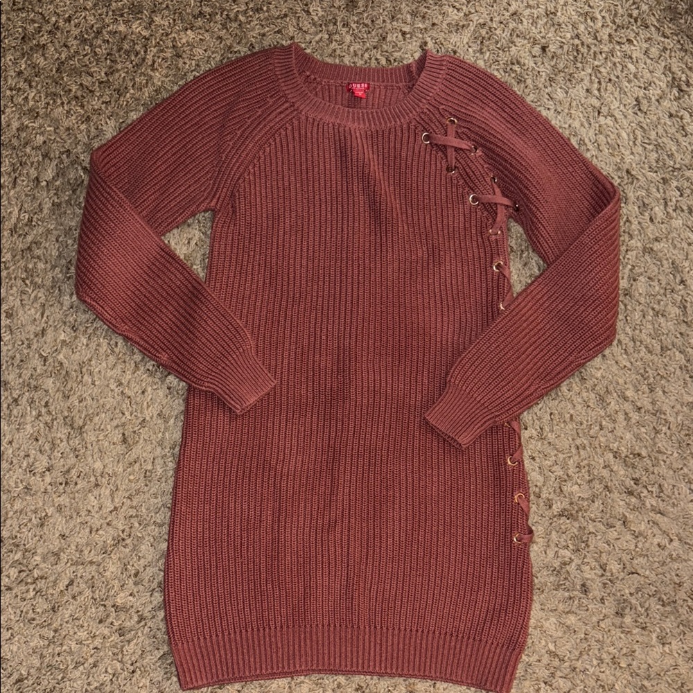 Guess Women's Burgundy Sweater with Lace-Up Detail